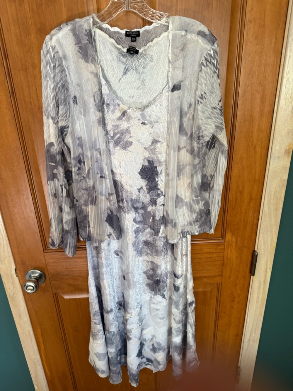 Komarov Grey and White Floral Long-Sleeve Maxi Dress with Sheer Overlay